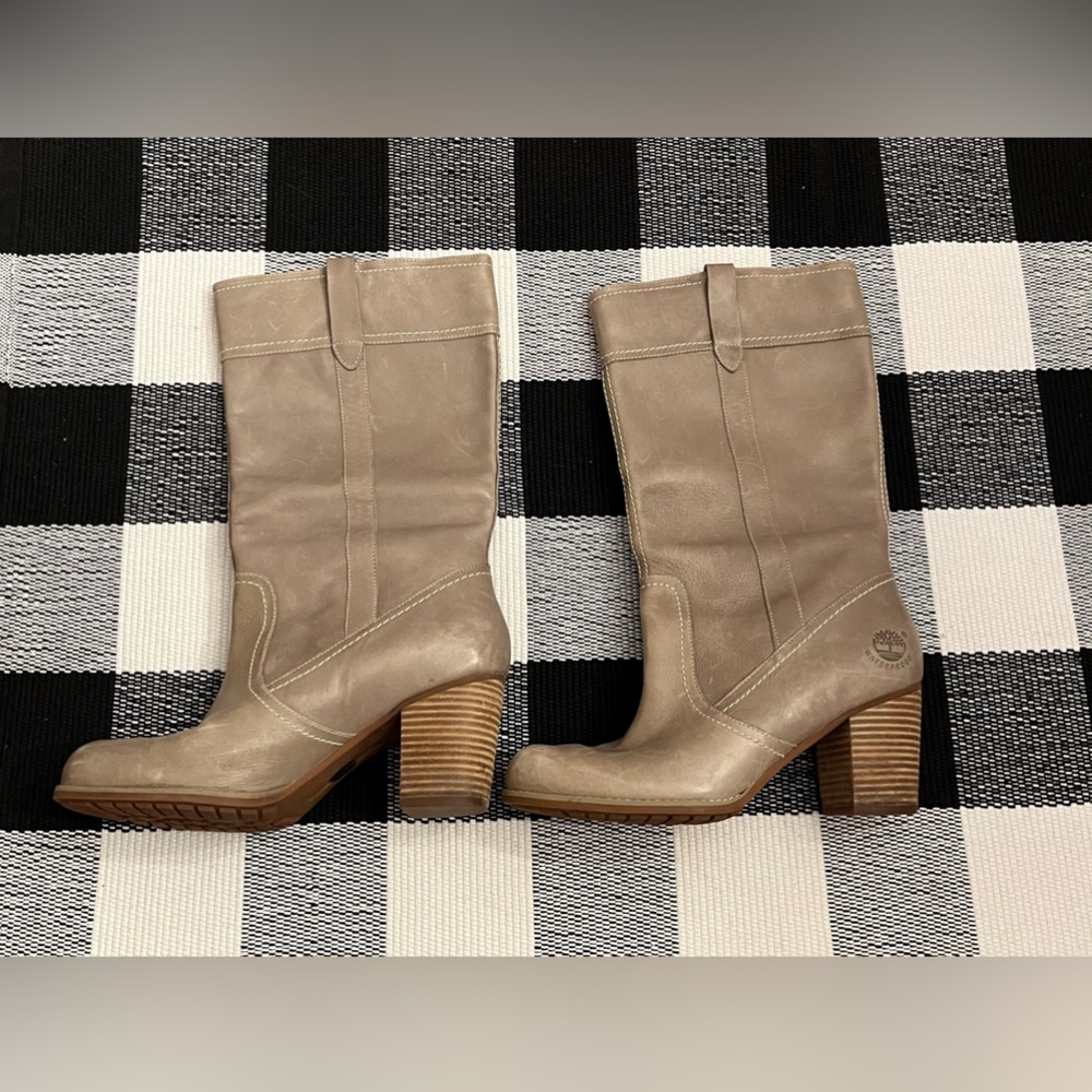 Timberland Women's Taupe Mid-Calf Leather Block Heel Boots